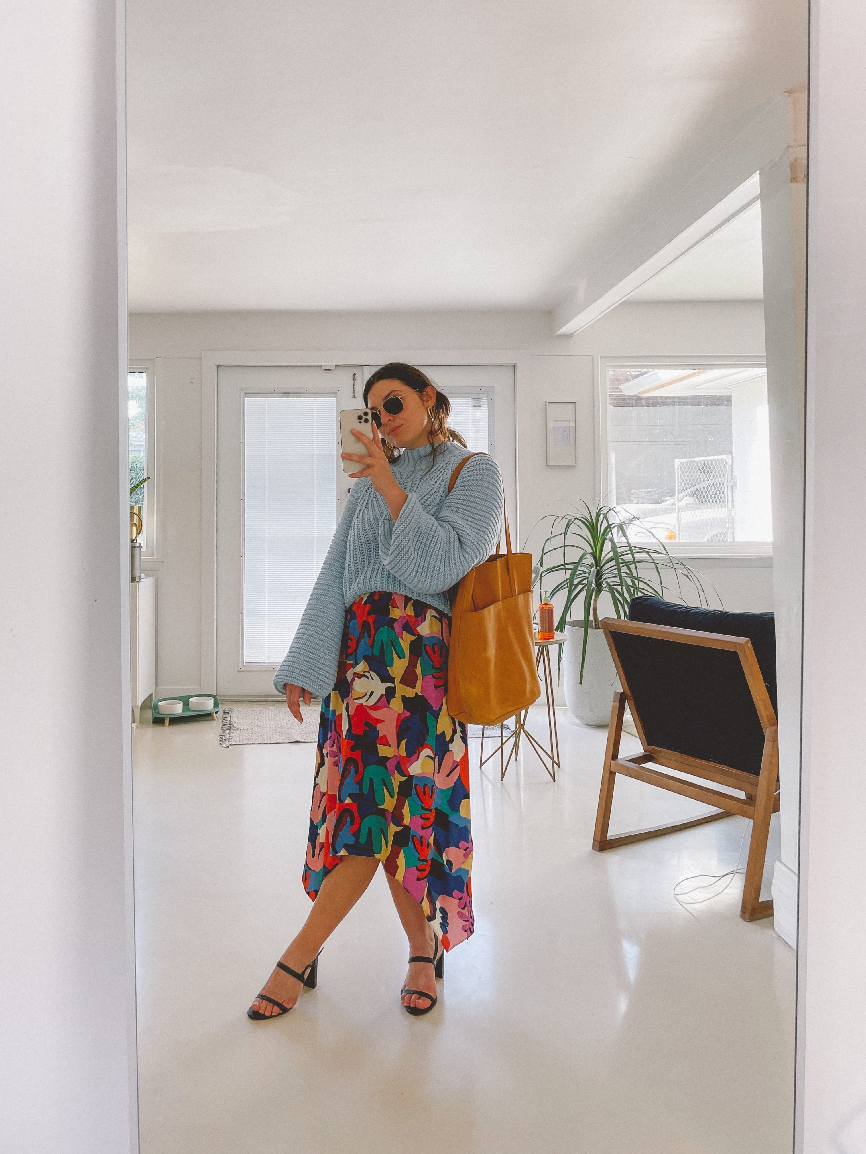 Women's spring outfit; blue knit petal & pup cropped sweater, colorful midi skirt, gold earrings, rayban hexagon sunglasses - orlando content creator Yeah ok Ciao