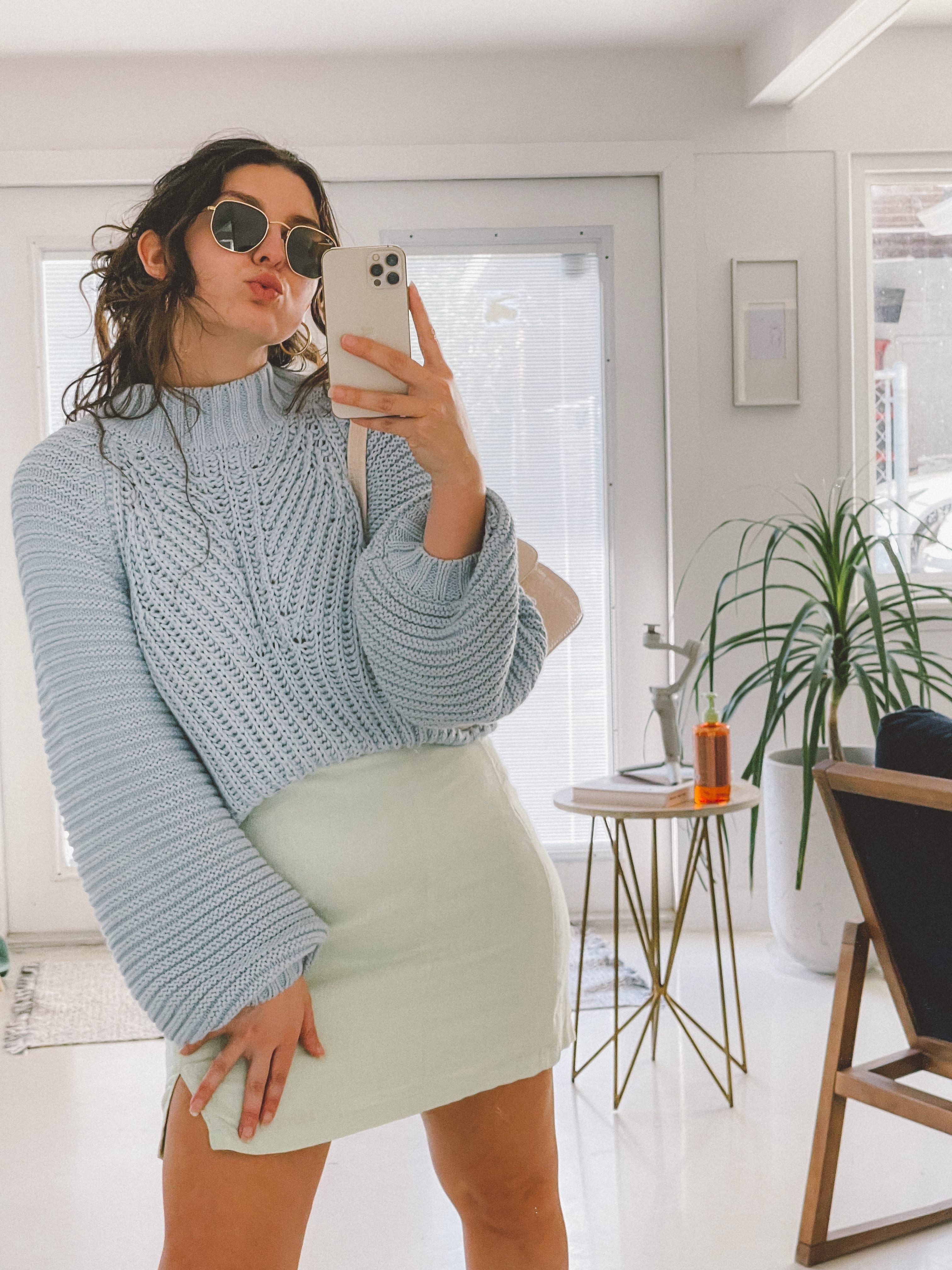 Women's spring outfit; blue knit petal & pup cropped sweater, colorful midi skirt, gold earrings, rayban hexagon sunglasses - orlando content creator Yeah ok Ciao Shoulder bag in white faux leather
